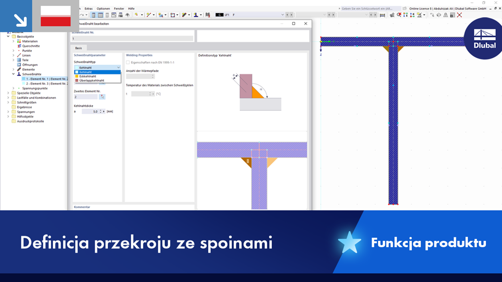 Definicja spoin oraz obliczanie naprężeń w programie do analizy przekrojów