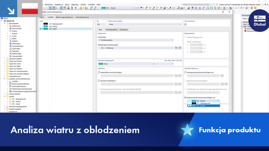 Graficzna prezentacja analizy wiatru z wykresami wektorów w modelu technicznym.
