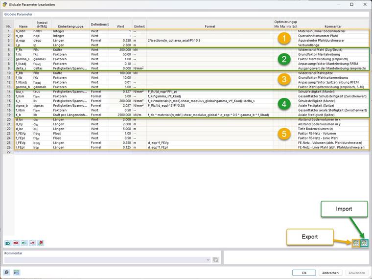 KB 001955 | Modelowanie parametryczne pali z zastosowaniem empirycznych nośności według Tschuchnigga | Parametry globalne (z grupowaniem i oznaczaniem importu/eksportu)