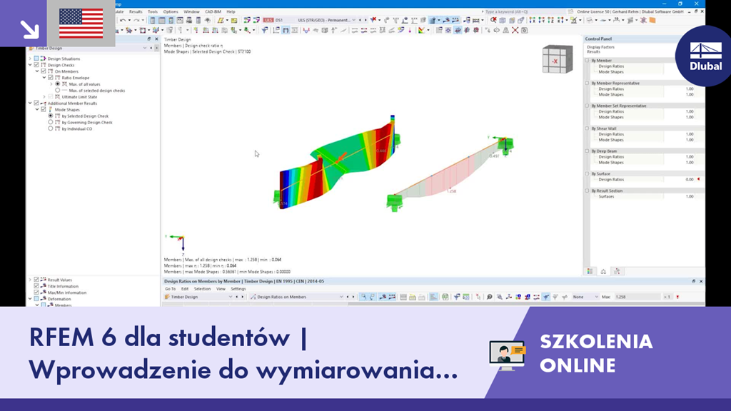 Przegląd szkolenia online dotyczącego projektowania konstrukcji drewnianych, skoncentrowanego na funkcjach programu RFEM 6 i jego wykorzystaniu dla studentów.