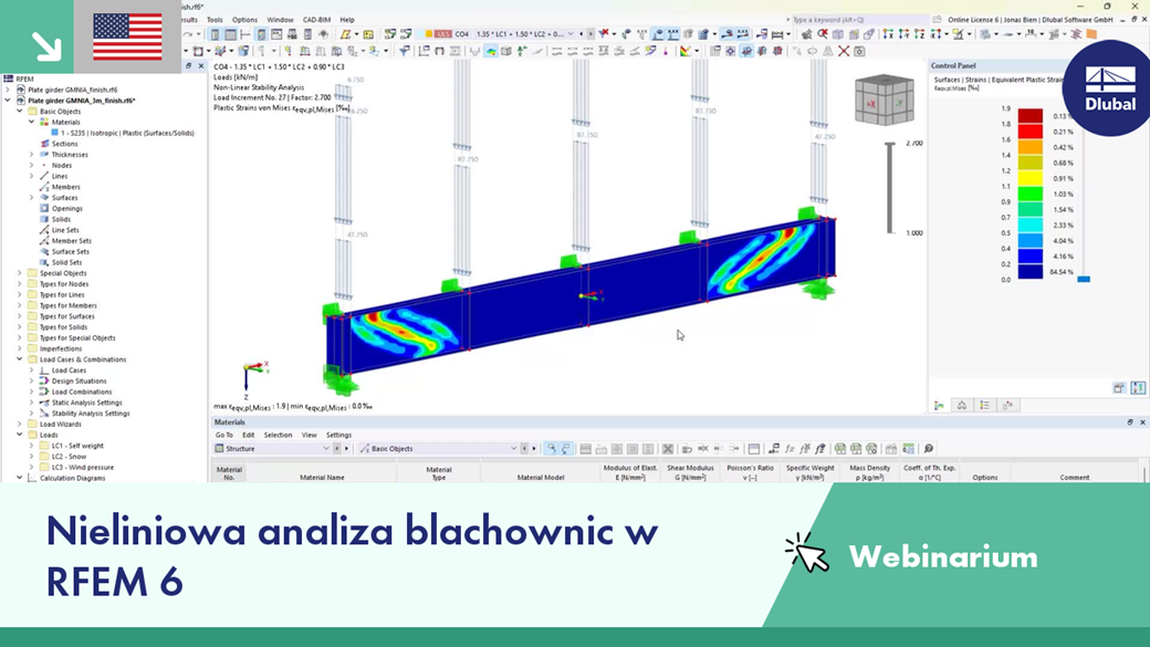Zrzut ekranu z webinarium dotyczącego analizy nieliniowej dźwigarów płytowych za pomocą narzędzi oprogramowania RFEM 6.