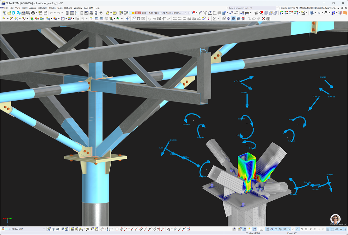 Rysunek przedstawia automatyczny proces przenoszenia obciążeń w połączeniach stalowych, podkreślając kluczowe elementy konstrukcyjne i ich wzajemne oddziaływania.