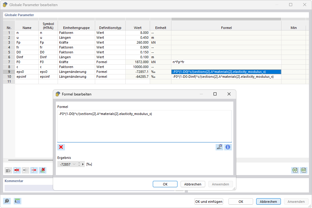 Określanie wpływu naprężenia wstępnego jako zmiany długości ε