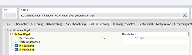 Fundamenty kubaturowe | Zakładka Zbrojenie fundamentu dla wariantu Zbrojenia fundamentu z zamykającymi strzemionami
