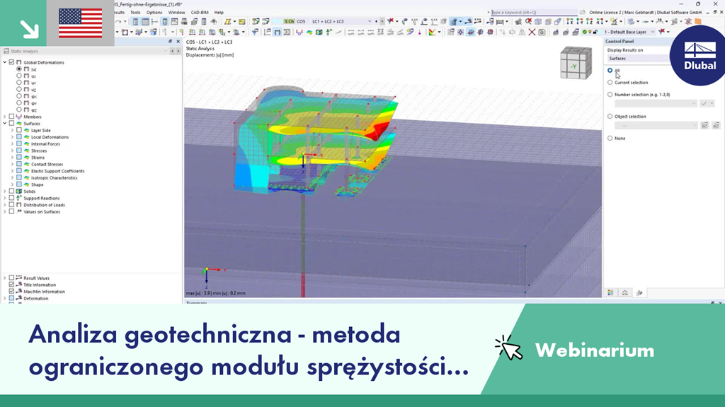 Slajd webinarium omawiający analizę geotechniczną w programie RFEM 6, koncentrujący się na metodzie modułu ściśliwości oraz technikach kotwienia.