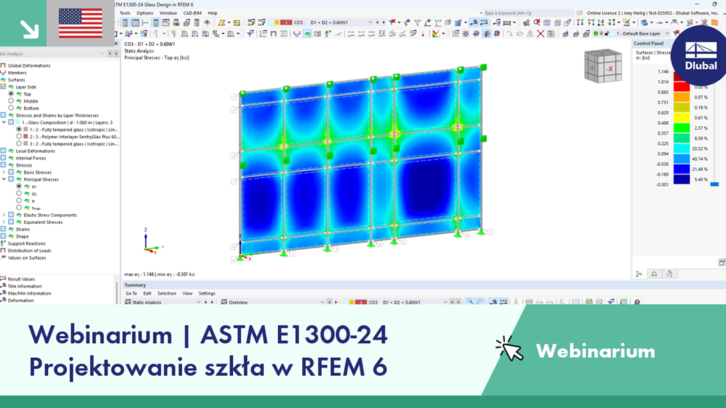 Przegląd zastosowania normy ASTM E1300-24 w projektowaniu konstrukcji szklanych przy użyciu RFEM 6 w kontekście webinarium.