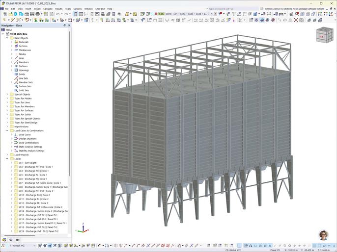Renderowanie 3D konstrukcji silosu, wykonane w RFEM.
