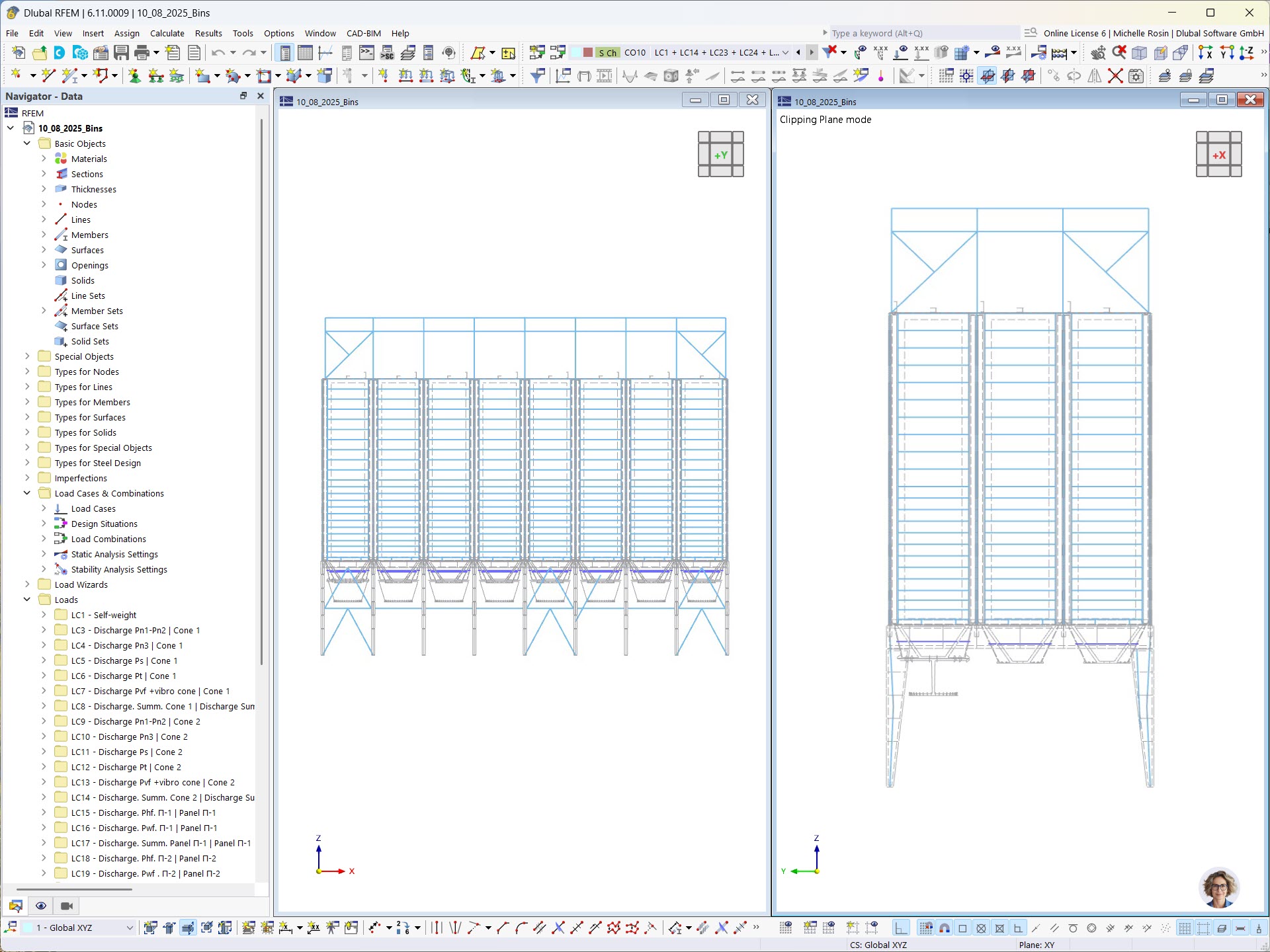 Model złożonej konstrukcji silosu w programie RFEM.