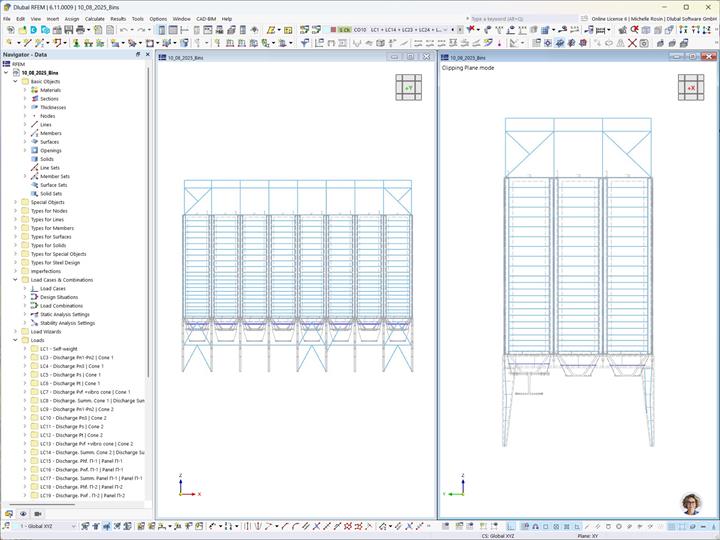 Model złożonej konstrukcji silosu w programie RFEM.
