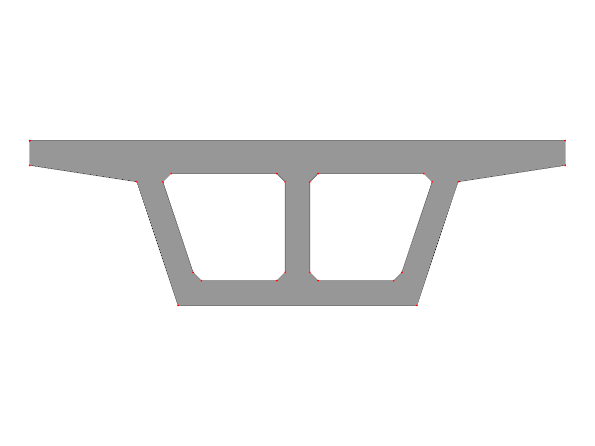 Parametryczny dwukomorowy przekrój dźwigara skrzynkowego ze skośnymi środnikami i wspornikami, zamodelowany jako blok parametryczny do analizy konstrukcyjnej w programie RSECTION.