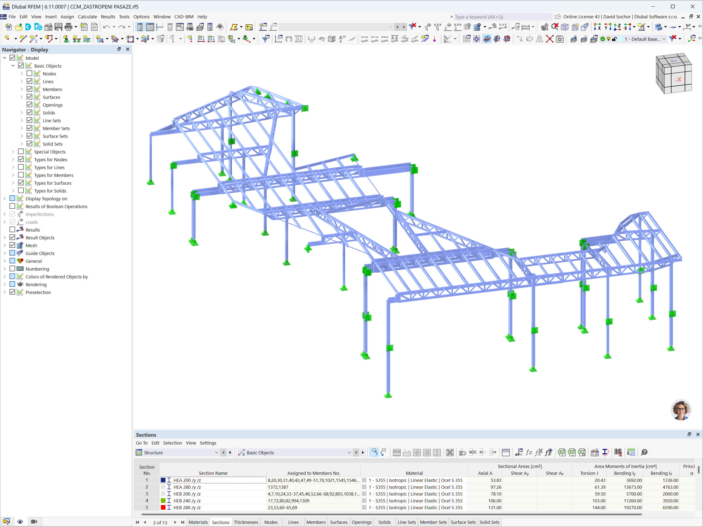 Model RFEM 6 przedstawiający projekt konstrukcyjny zadaszenia przejścia w Centrum Černý Most, Praga.