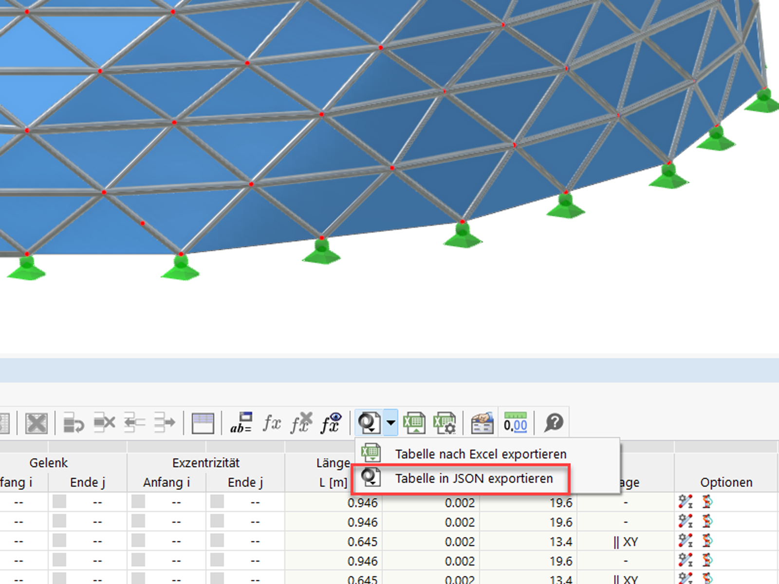 Interfejs oprogramowania przedstawiający funkcję eksportu JSON dla tabel danych w aplikacjach inżynierskich.