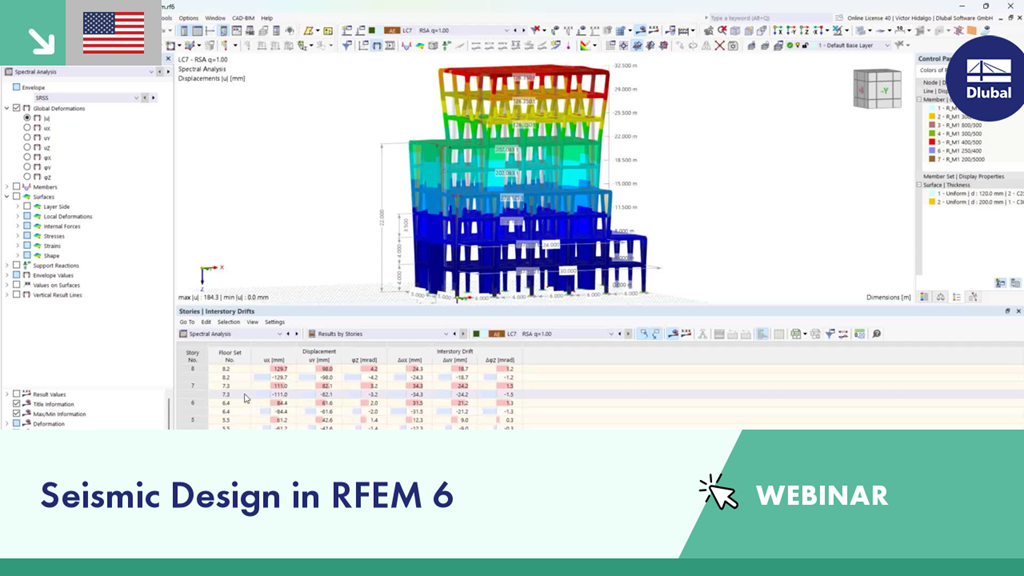 Interfejs RFEM 6 przedstawiający funkcje projektowania sejsmicznego.