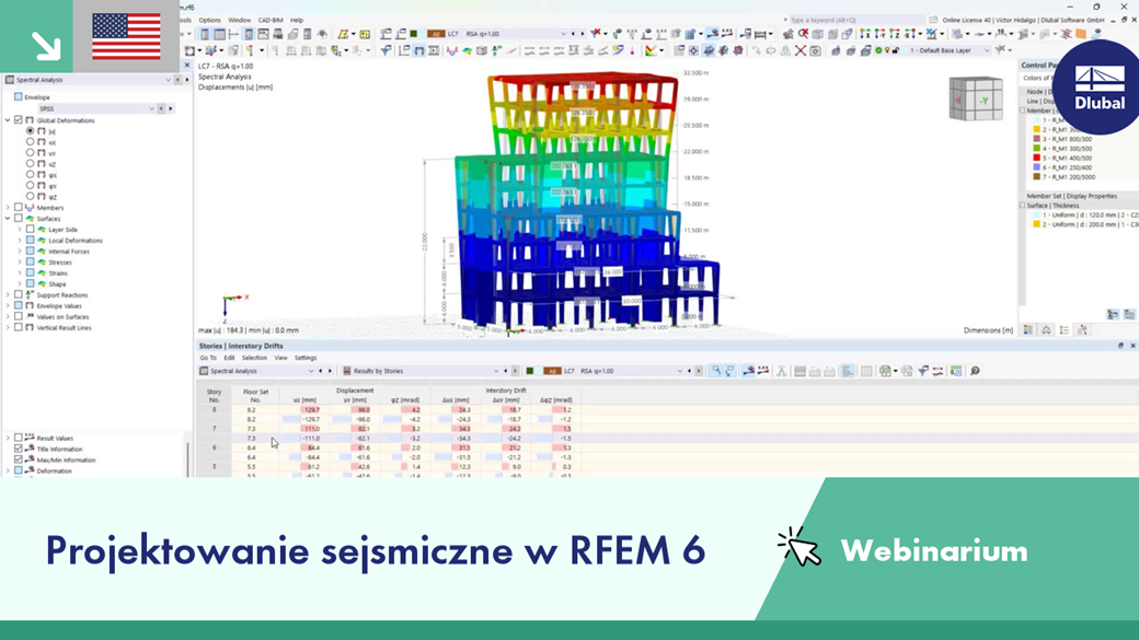 Interfejs RFEM 6 przedstawiający funkcje projektowania sejsmicznego.