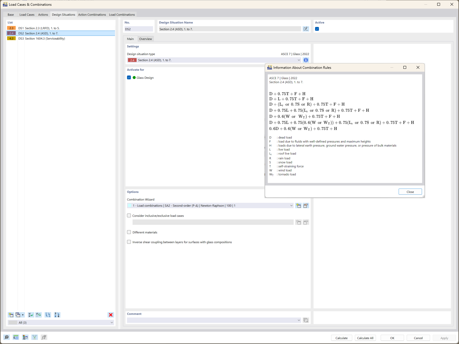 Sytuacje obliczeniowe w RFEM 6 przedstawiają automatyczne kombinacje obciążeń dla konstrukcji szklanych na podstawie norm ASCE 7 oraz ASTM E1300-24.