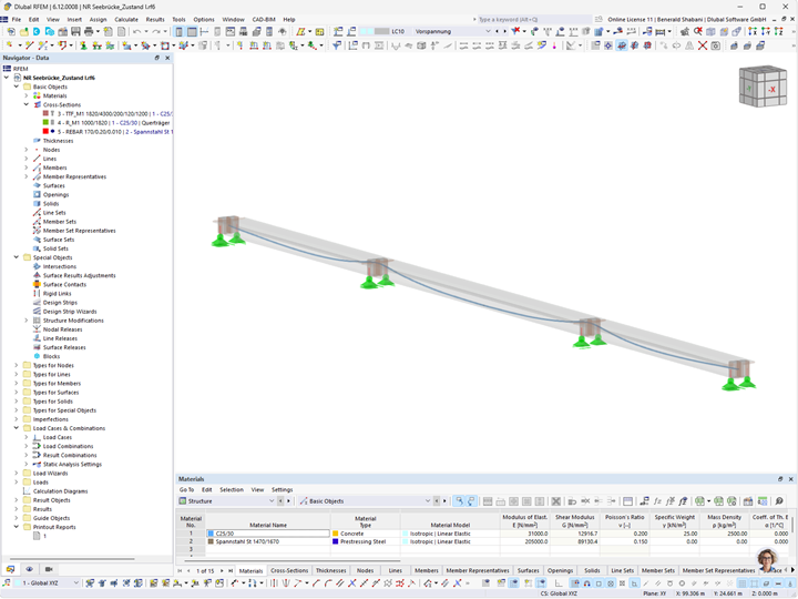 Model obliczeniowy sprężonego mostu morskiego, w tym kable naprężające, wykonany w programie RFEM.