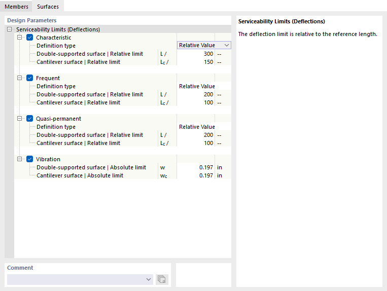 Zakładka 'Powierzchnie' dla konfiguracji stanu granicznego użytkowalności zgodnie z EN 1993