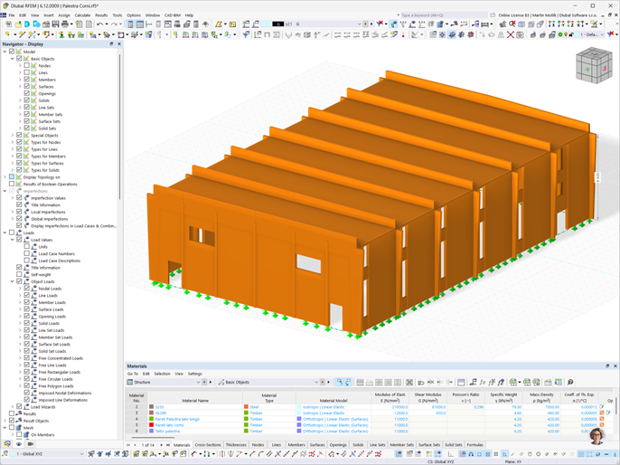 Model 3D hali sportowej "Corni" znajdującej się w Modenie we Włoszech, zaprojektowanej przy użyciu RFEM 6 przez firmę Ergodomus.