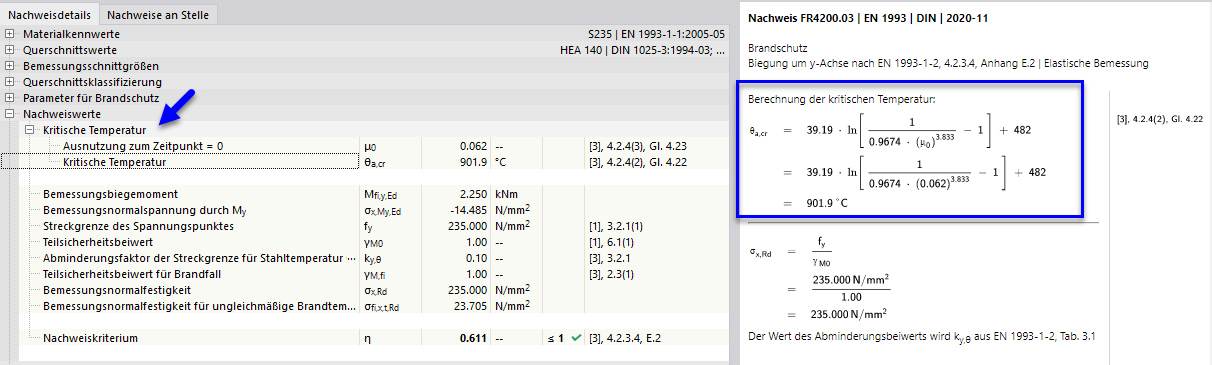 Graficzne przedstawienie obliczeń temperatury krytycznej w konstrukcjach stalowych zgodnie z normą Eurokod EN 1993-1-2.