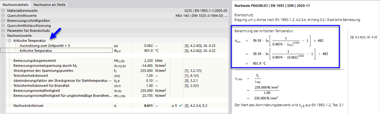 Graficzne przedstawienie obliczeń temperatury krytycznej w konstrukcjach stalowych zgodnie z normą Eurokod EN 1993-1-2.