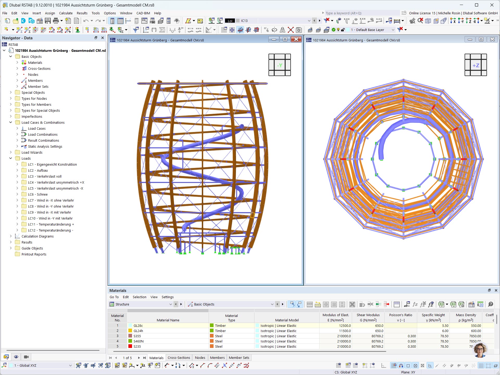 Rysunki wież obserwacyjnych z drewna, zamodelowanych w programie RSTAB