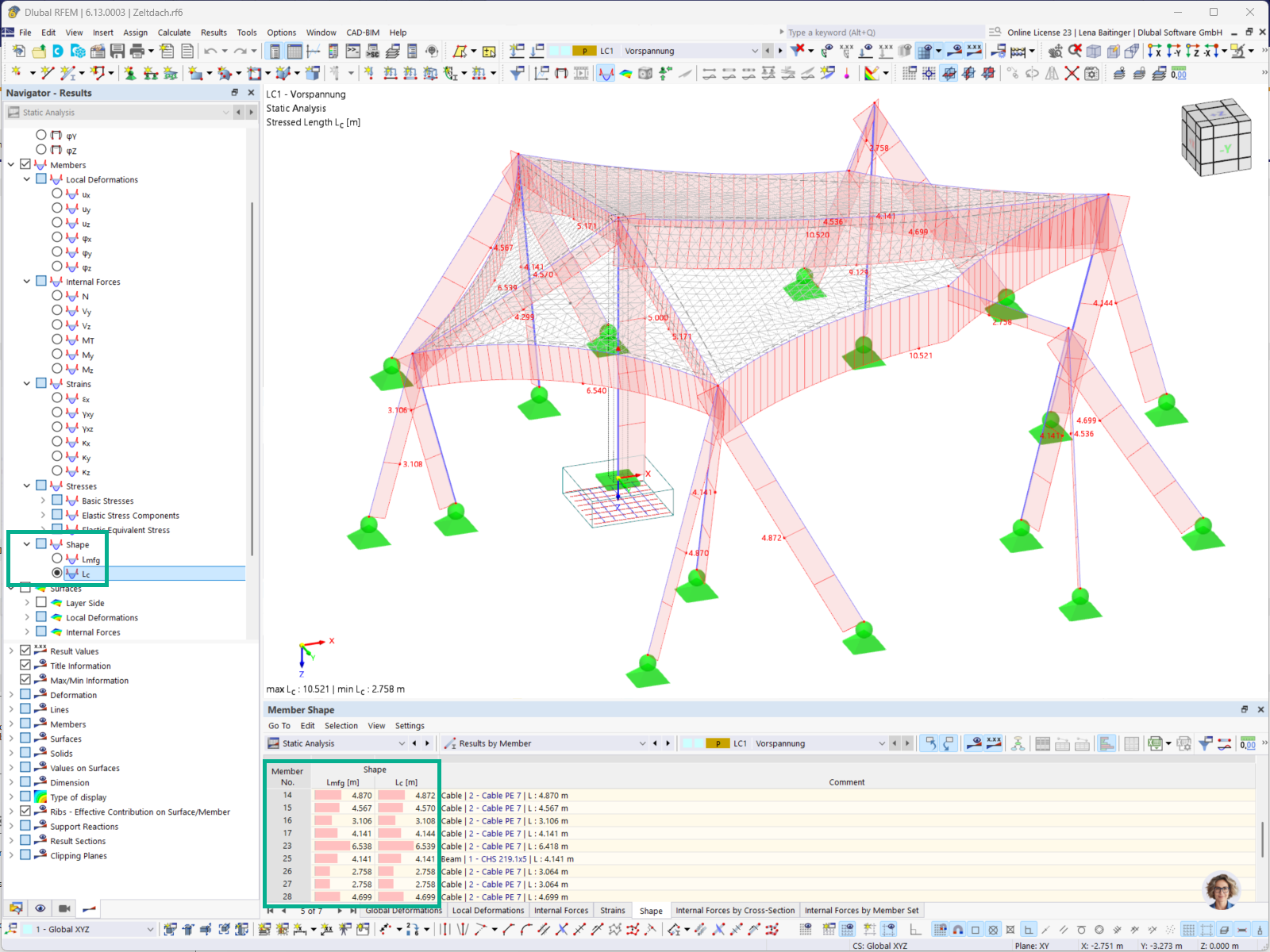 Długości prętów po form-findingu w stanie obciążonym i nieobciążonym w widoku tabeli