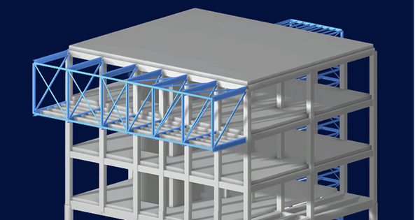 Grafika przedstawiająca 3D model budynku, ilustrująca złożone elementy projektowania konstrukcyjnego dla celów promocyjnych.