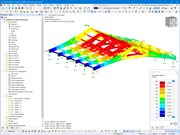 Deformacje i reakcje podporowe w drewnianym modelu konstrukcyjnym w programie RFEM. Widać tu interakcję pomiędzy konstrukcją a przyłożonymi siłami.