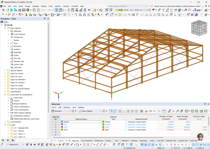 Model RFEM drewnianej hali tenisowej w Fürth, opracowany przez GRELLA Hochbau