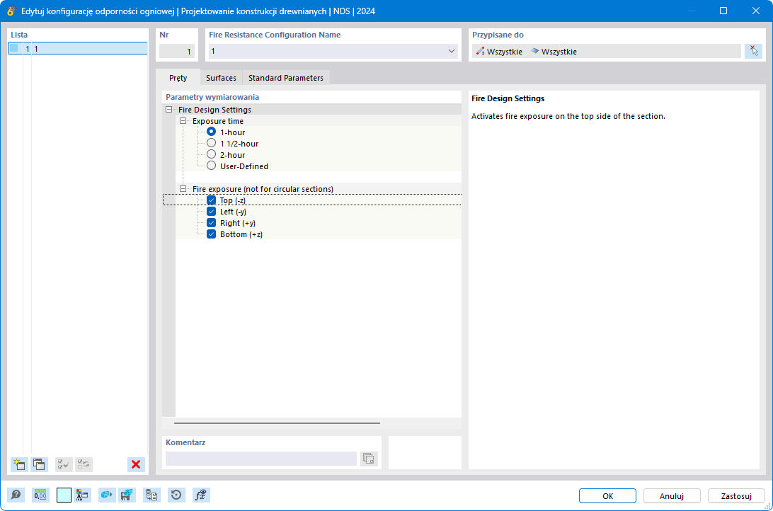 Okno dialogowe „Edytuj konfigurację przeciwpożarową | EN 1995