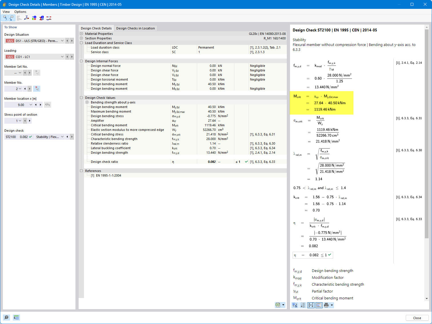 Szczegół sprawdzenia z podaniem krytycznego współczynnika obciążenia oraz krytycznego momentu zginającego belki podpartej w punktach trzecich
