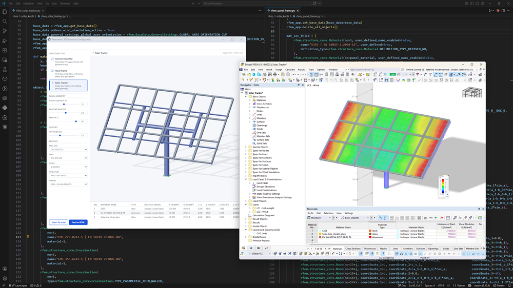 Wizualizacja konstrukcji trackera solarnego w RFEM 6 z integracją API i skryptu Python.