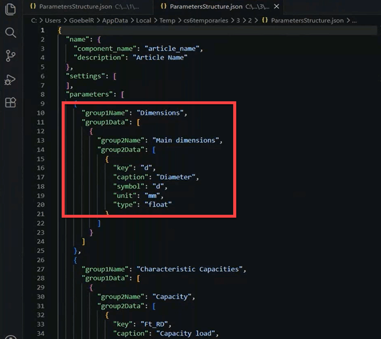 Struktura plików z parametrem JSON dla spersonalizowanych komponentów.