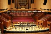 Widok wnętrza sali koncertowej Opery w Sydney z nowoczesną architekturą akustyczną.