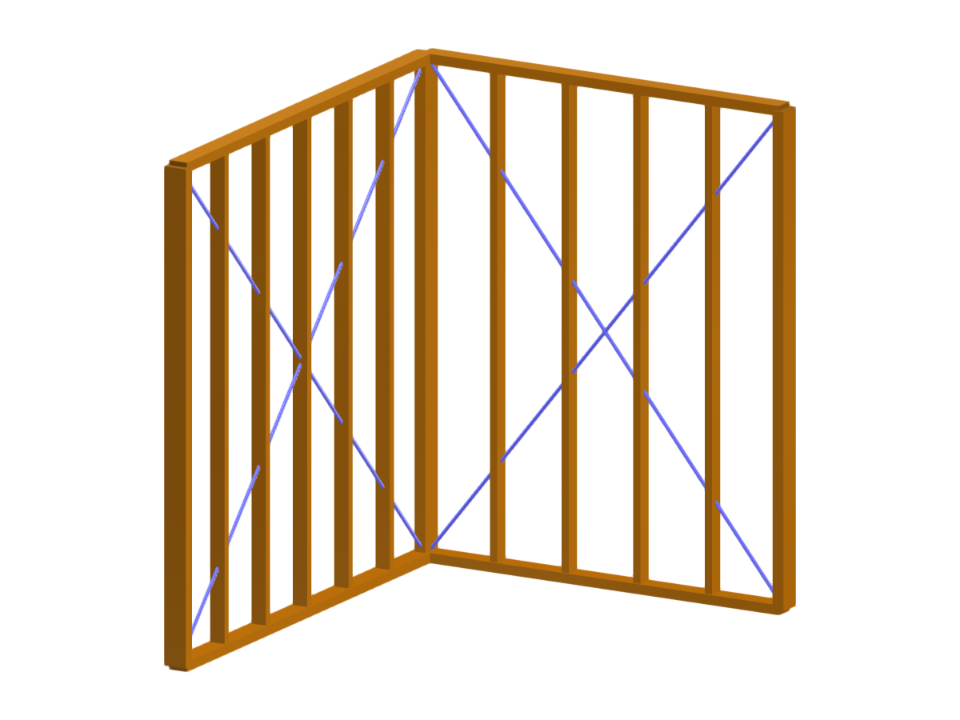 Szczegółowy widok prefabrykowanej drewnianej ściany w kształcie litery L, zaprojektowanej z myślą o efektywnym montażu.