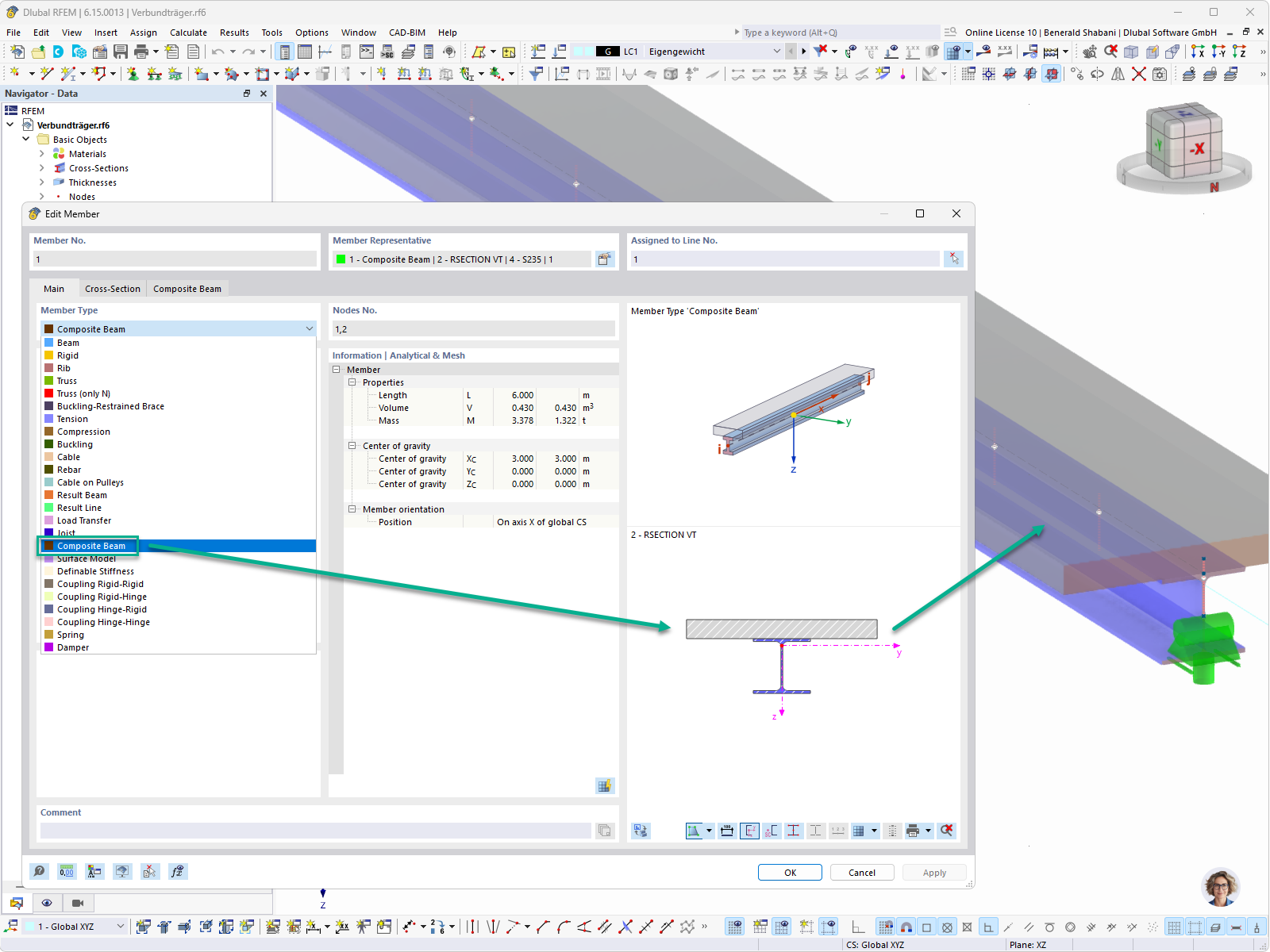 Okno dialogowe Edytuj pręt w RFEM z wybranym typem pręta Belka zespolona oraz graficznym przedstawieniem przekroju zespolonego z płyty betonowej i profilu stalowego