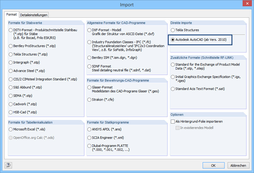 Opções de importação no RFEM 6