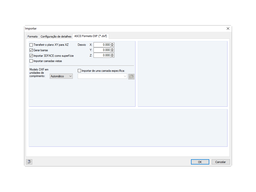 Configurações detalhadas para importação DXF
