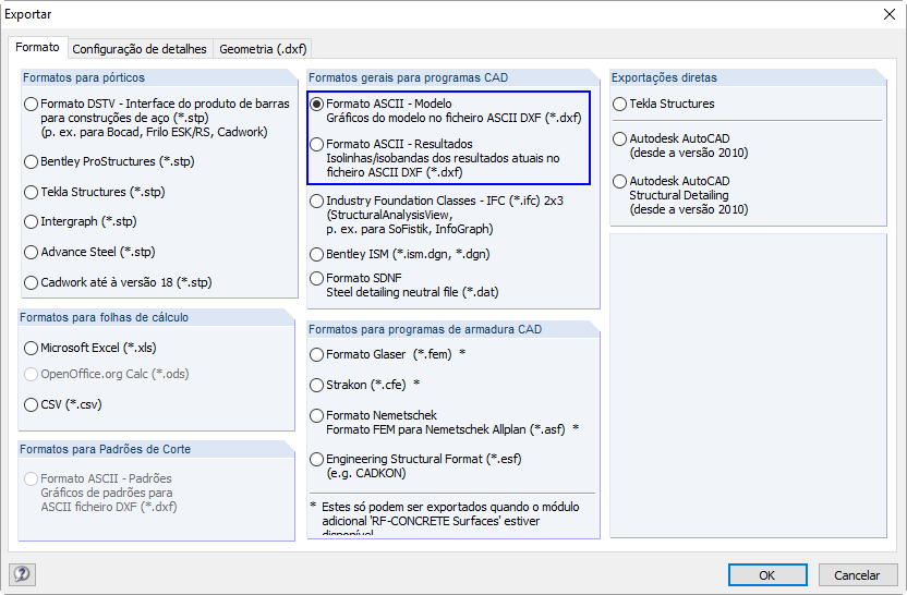 Exportação DXF do RFEM para o AutoCAD