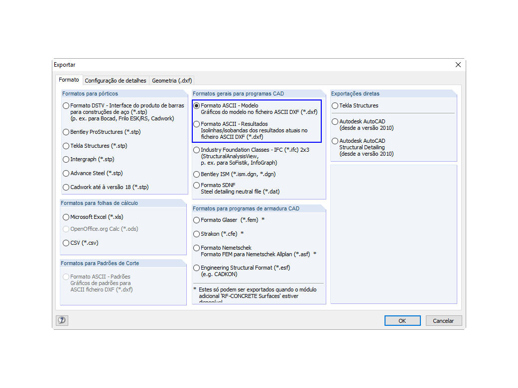 Exportação DXF do RFEM para o AutoCAD