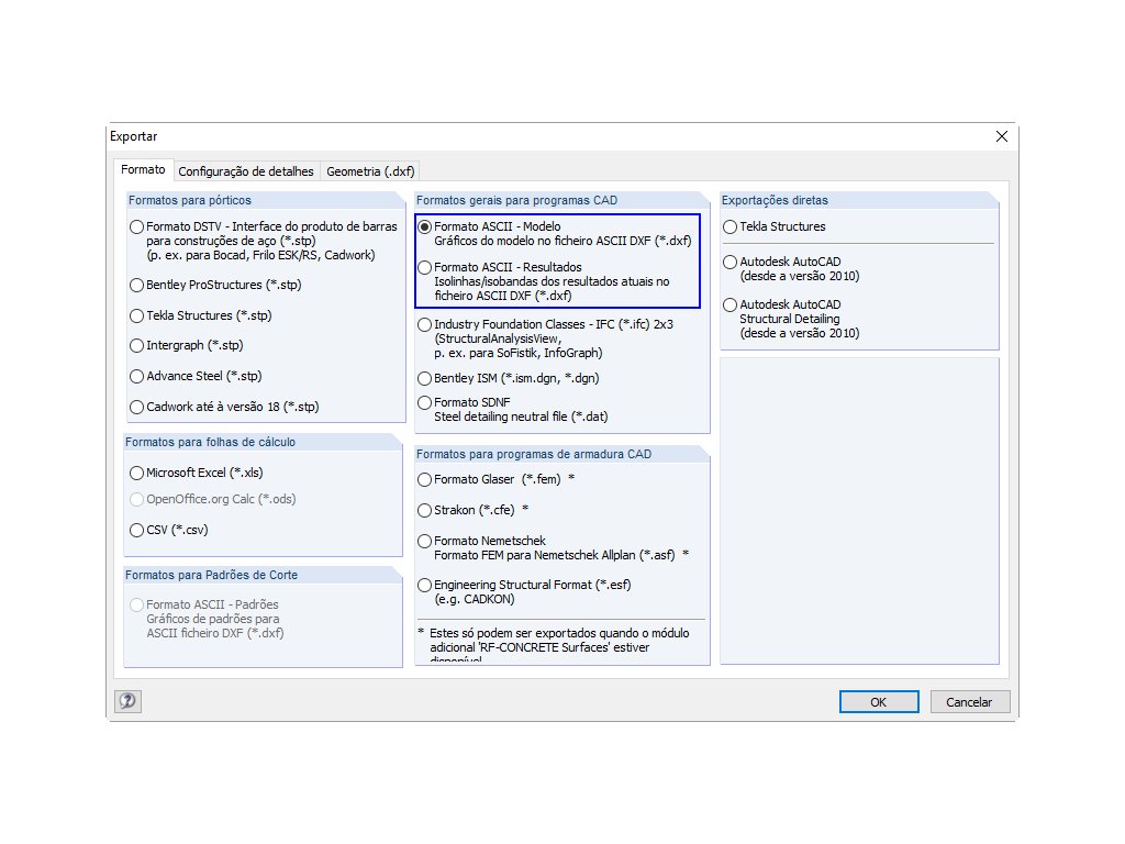 Exportação DXF do RFEM para o AutoCAD