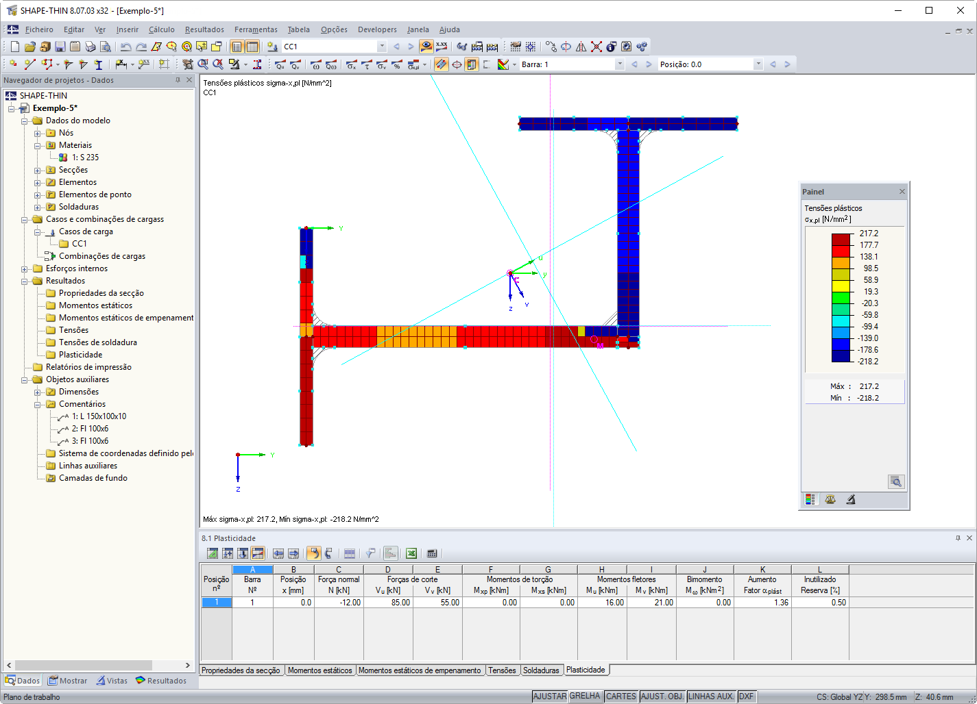 Programa de propriedades de secções SHAPE-THIN | Resultados – diagrama das tensões normais plásticas