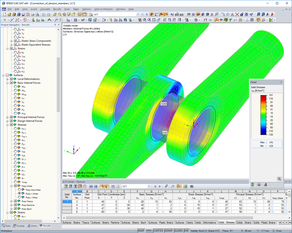 Ligação de barra de tração – tensões em sólidos