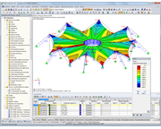 Forças de tração em cabos e linhas de contorno após determinação da forma no RFEM
