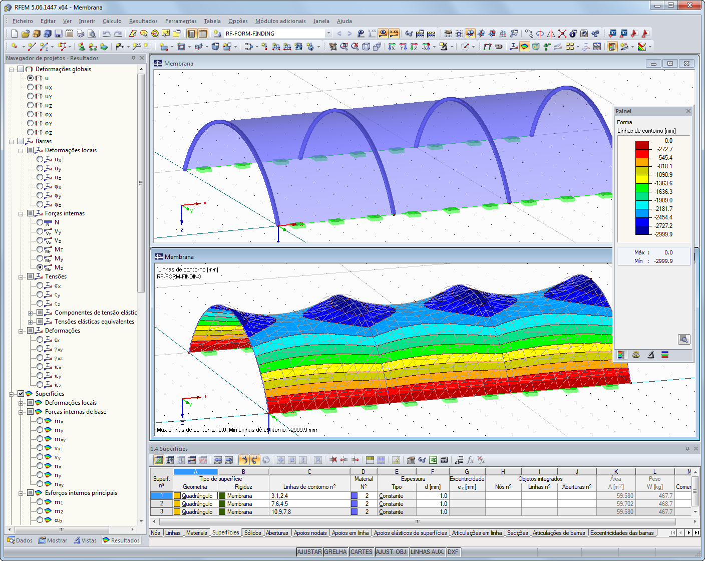 Estrutura da membrana antes e após a determinação da forma no RFEM