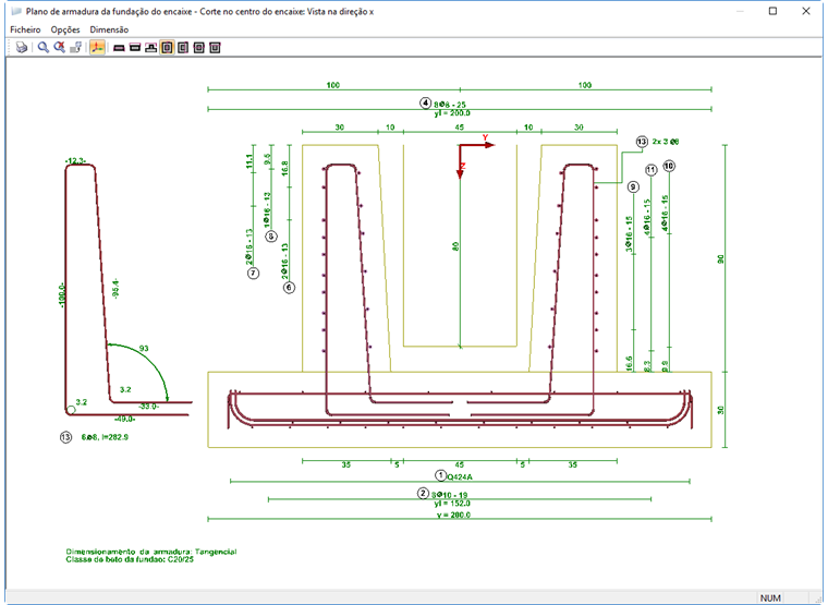 Bewehrungsplan - Schnitt Köchermitte, Blickrichtung in x