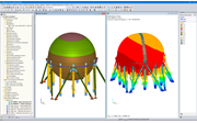 Modelo analítico 3D no RFEM (esquerda) e forma própria calculada no RF-DYNAM Pro (direita)