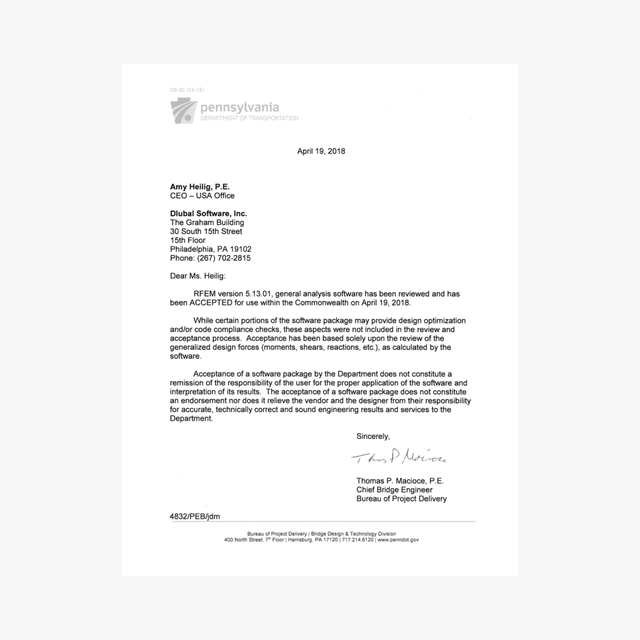 PennDOT Approved Software Acceptance Letter