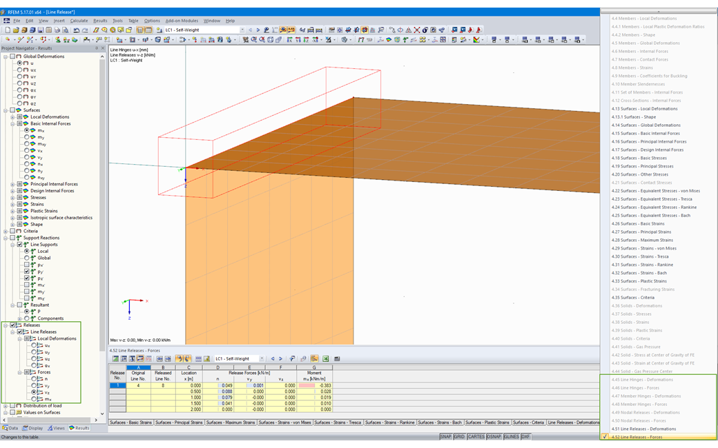 Grafische und tabellarische Ausgabe der Kräfte einer Linienfreigabe