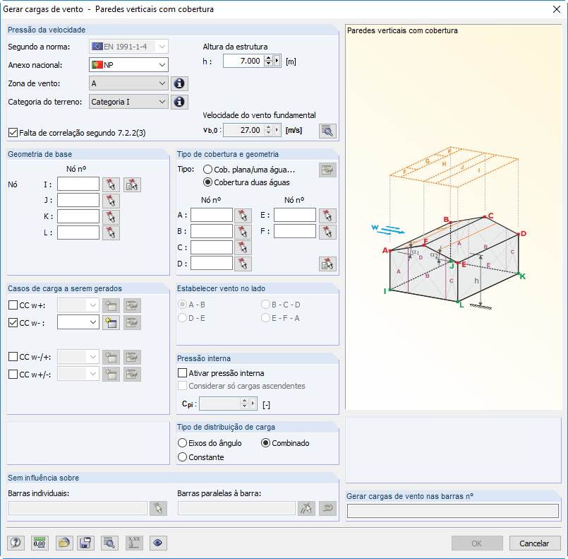 Windlast auf vertikale Wände mit Dach